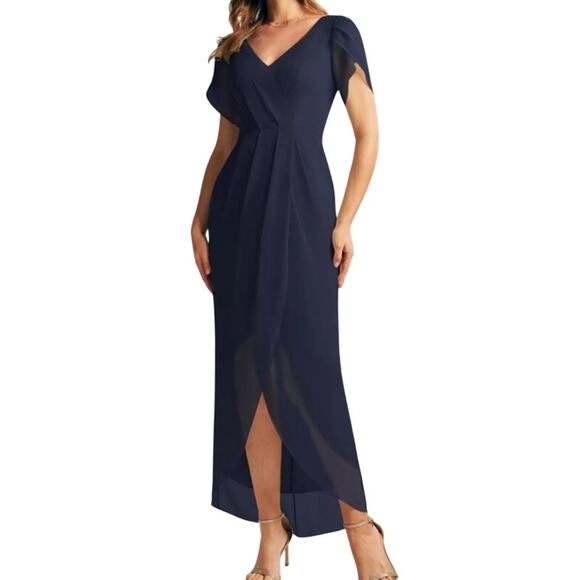 AW BRIDAL SZ 10 L dark navy blue chiffon Osage faux wrap midi dress NEW B78 - Picture 1 of 10